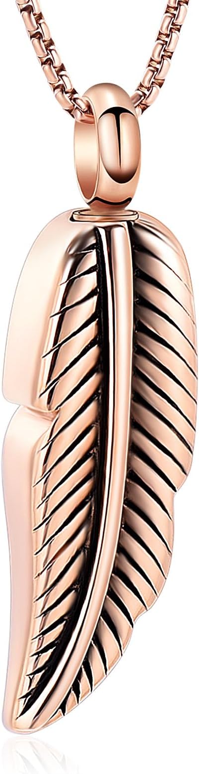 Stainless Steel Feather Urn Necklace Hold Cremation Ashes Keepsake Memorial Jewelry +Box+Fill Kits