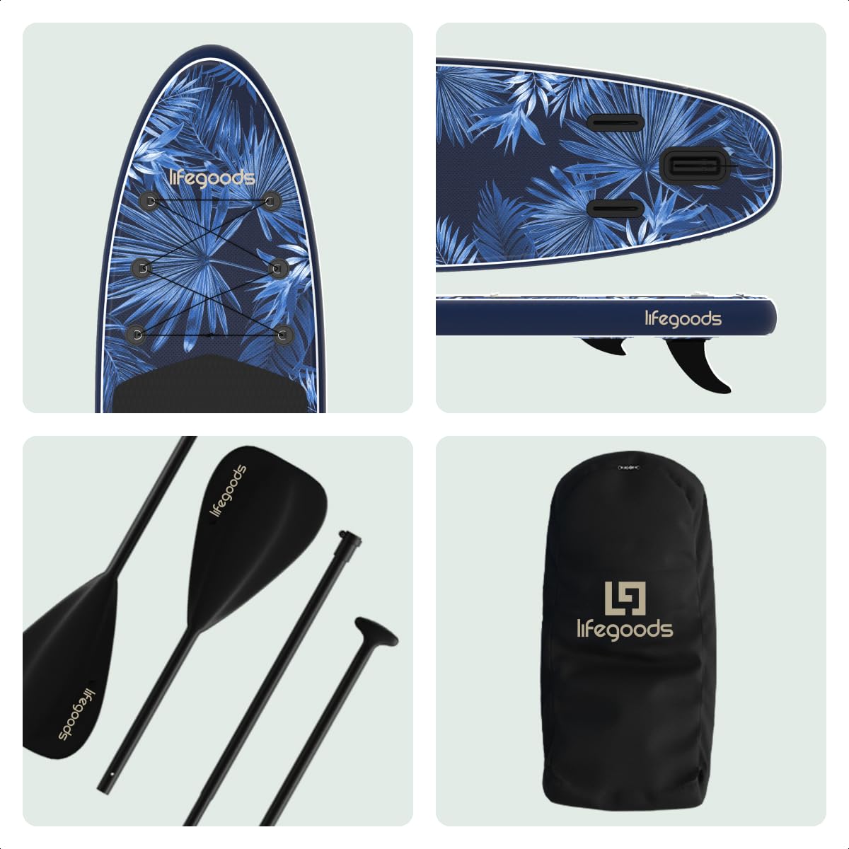 LifeGoods SUP Board Set - Aufblasbare Stand Up Paddling Board - Komplettes Set inklusive Zubehör und Verstellbares Padel - Geeignet für Anfänger und Fortgeschrittene - Bis 150KG - 320x81cm