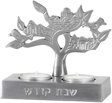 Tealight Candle Holder for Shabbat Fits 2 Candles - Jerusalem Theme Tree of Life - Engraved in Hebrew Shabbos Kodesh Holy Sabbath Tea Light Compact Travel Candlestick By Zion Judaica