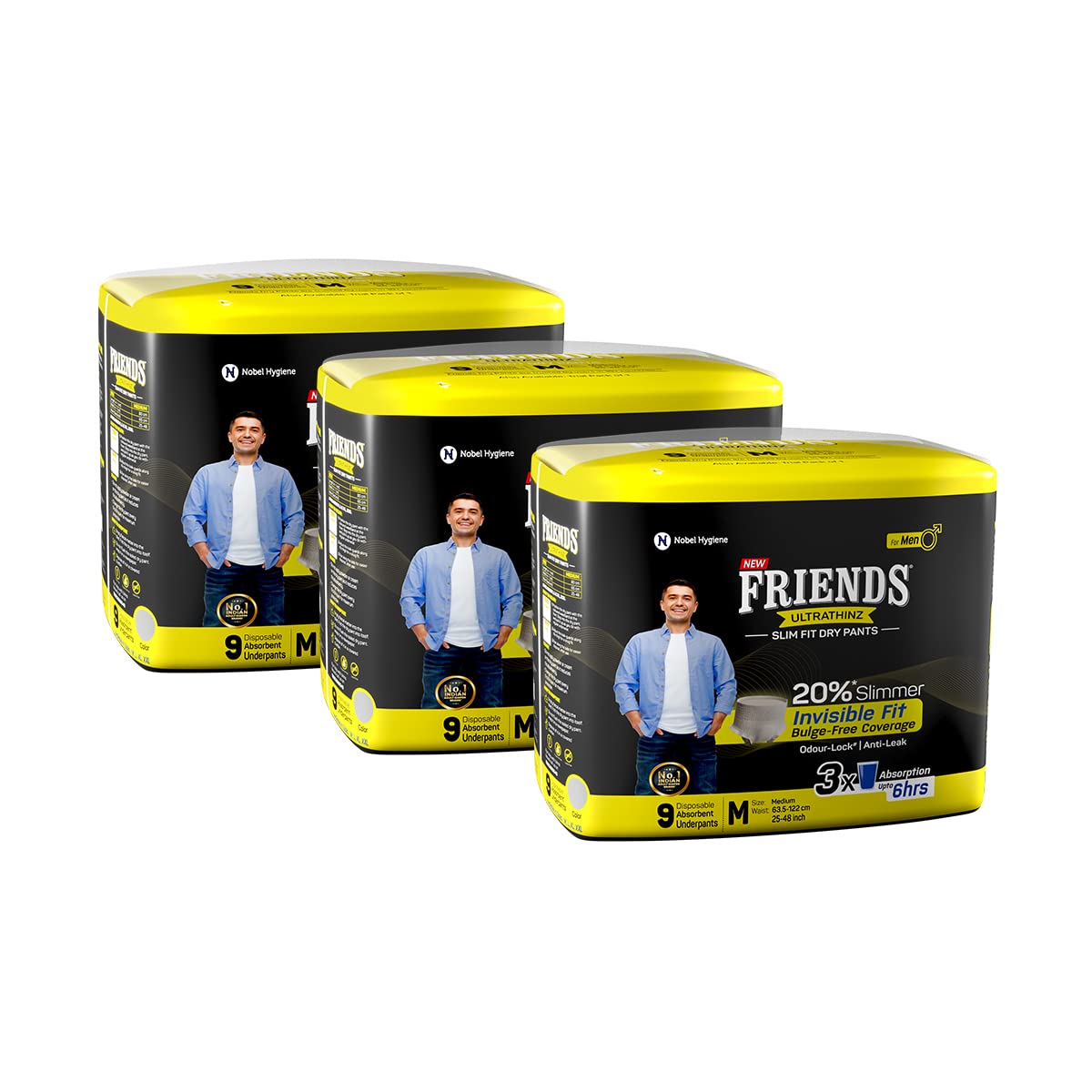 Friends UltraThins Slim Fit Adult Diapers (Dry Pants) for Men - Medium – 27 Count - with thin design, grey colour, and anti-rash - Waist Size 25-48 Inch ;6 3.5-122 cm