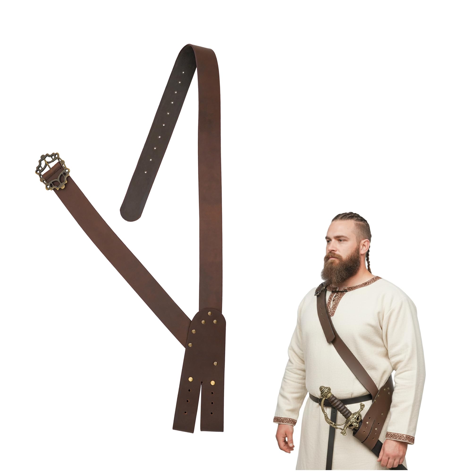 Lord of Battles Pirate Leather Belt with Sword Hanger Medieval Baldric Sword Hanging Belt Handcrafted From Genuine Buff Leather With Antique Solid Brass Buckle - 170 cm long