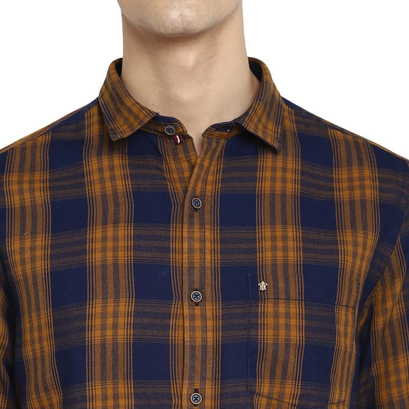 Image of Turtle Men Khaki Cotton Checked Slim Fit Shirts