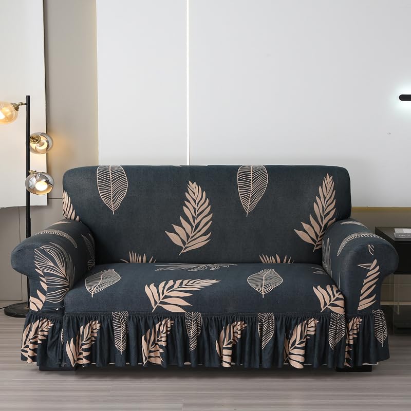Stretch Sofa Covers with Skirt - Modern Floral Pattern Elastic Bottom Couch Cover Non-Slip Fabric Sofa Armchair Slipcovers Dust-Proof Furniture Protector for 1-4 Seat Dog Pet (L(190-230CM),#1)