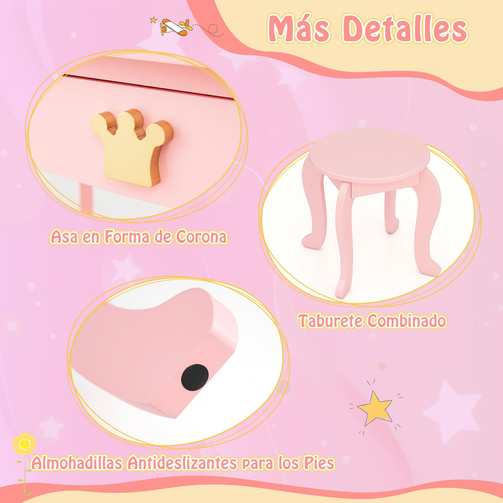 COSTWAY Tocador de Maquillaje Niña, Tocador Niña Madera con Espejo Plegable y 8 Bombillas, Juego de Mesa y Silla de Princesa con Brillo Ajustable, Cajón Extraíble y Taburete (Rosa, con Luces)