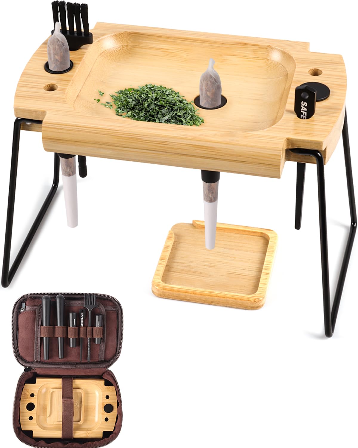 Foldable Wooden Rolling Tray Set with Cones Loader, Cone Filler - Rolling Tray with Cone Loader, Complete Rolling Tray Kit with Smell Proof Tube &amp; Pre-Roll Machine(Brown-Single Hole Kit)
