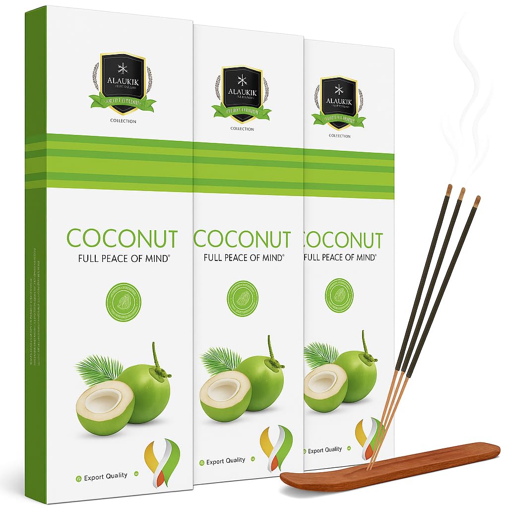 Alaukik Incense Sticks Hand Rolled 3 Packs of 12 sticks 50grams with JRose Incense Stick Holder (Coconut)
