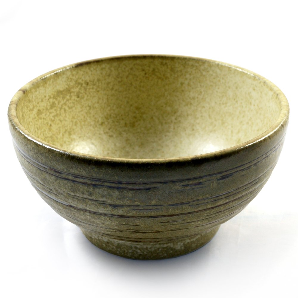 Zen Minded Yellow Japanese Ceramic Bowl For Ramen Noodle Soup & Asian Cuisine - Beige Glazed Ringed Stoneware