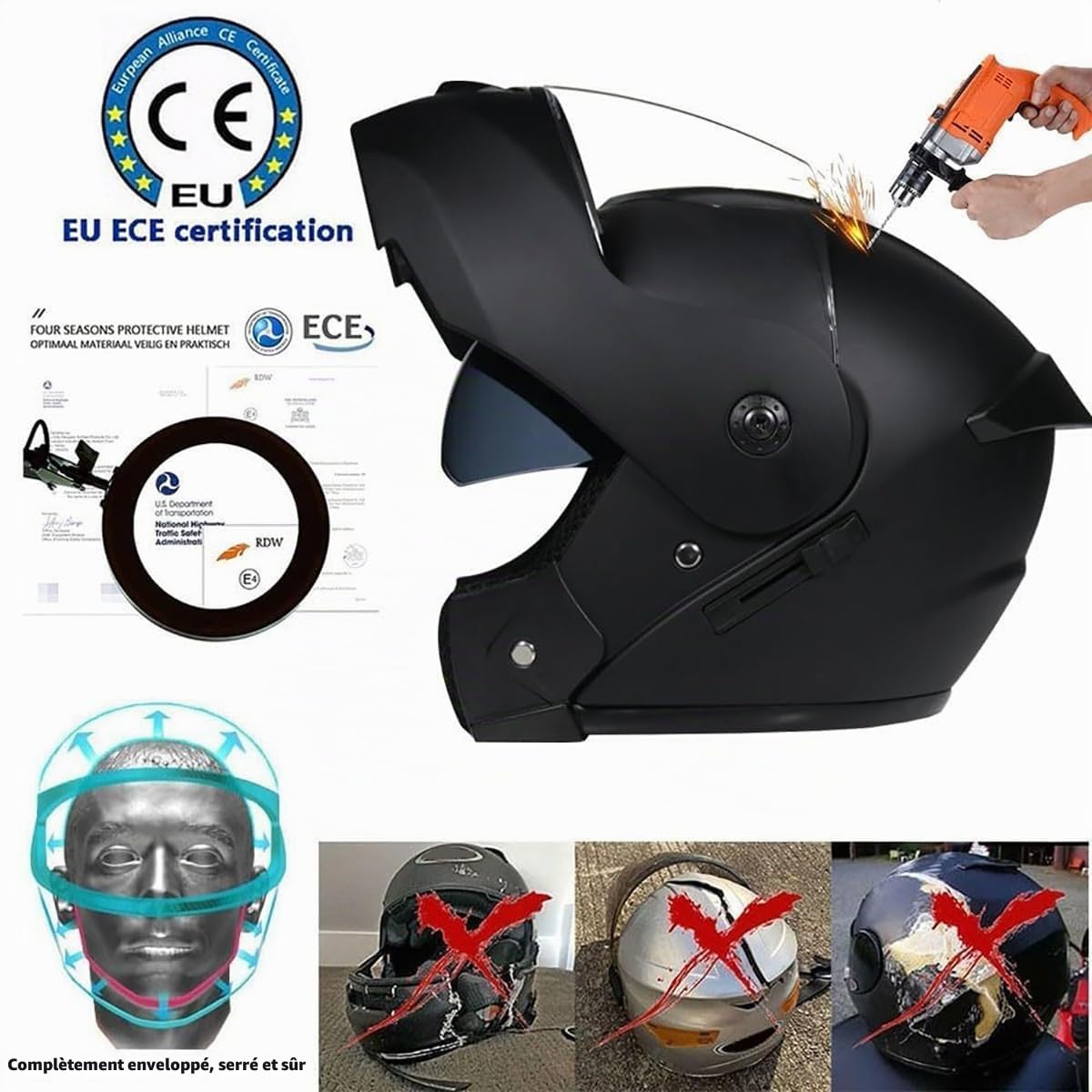 Casque Modulable Moto Bluetooth Intégral Casque avec Cadeaux, avec Double Visière, Adapté Aux Hommes Et Aux Femmes Adultes, S~XL