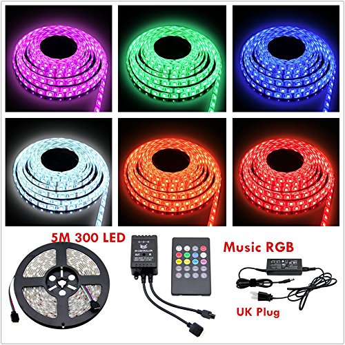 Besdata Waterproof Ultra Bright 5M 500CM 5050 RGB Color Changing 300 SMD Leds Strips Light Kit + IR Music Remote Control + 12V,6A Power Supply Adapter UK Plug for Indoor Office Home Aircraft Cabin Decorative - Energy Saving - CE Approved - Mix Colour - PL709A_MC_UK