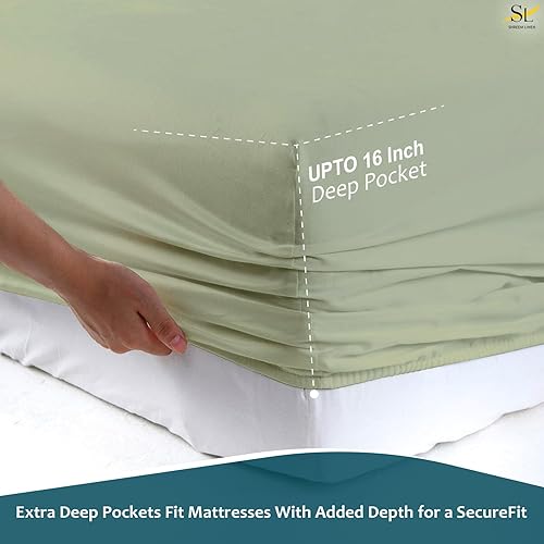 Miniatura 4 de Juego de sábanas tamaño King, juego de 6 piezas, bolsillos extraprofundos, sábanas de 600 hilos, 100% algodón egipcio, color salvia, sábanas tamaño