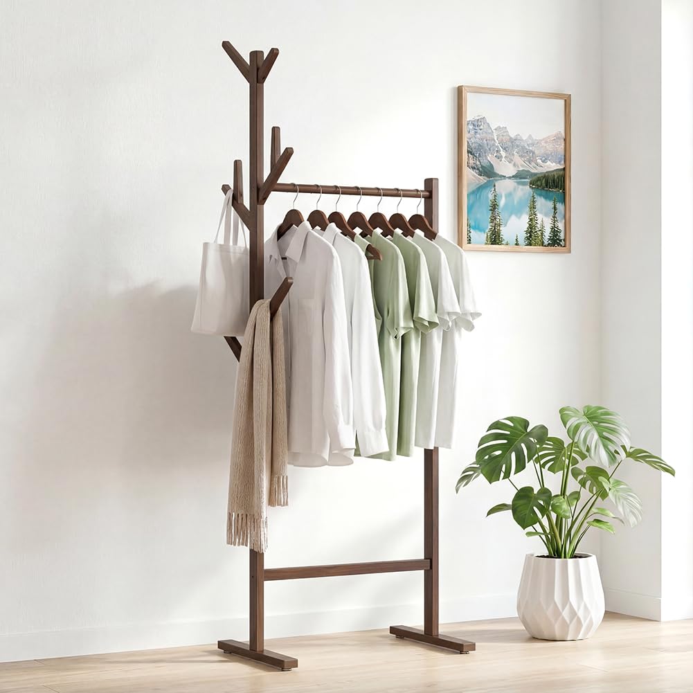 BAKAJI Support porte-manteau en bois avec tringle à manteaux et 8 crochets pour chambre à coucher et entrée design moderne, dimensions 65 x 40 x 170 cm (marron)