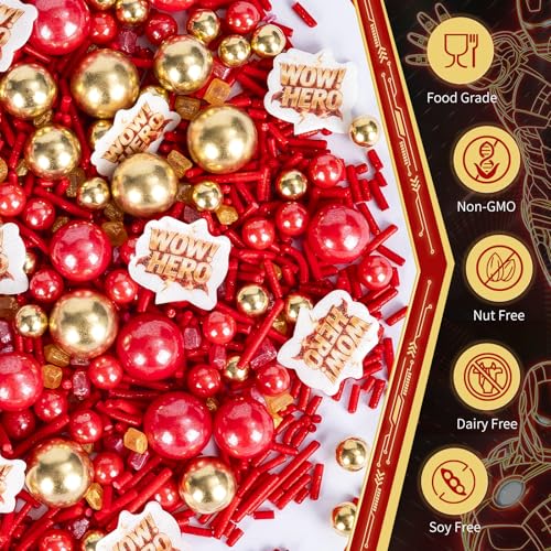Image of Edible Hero Sprinkles,Red Gold Pearls and Jimmies Sprinkle Mix Heroes Wafer Paper,130g,Movie Theme Cake Cupcake Cookie Donut Decorations for Birthday,Graduation,Father's Day,Hero Themed Party,Superhero Party Supplies