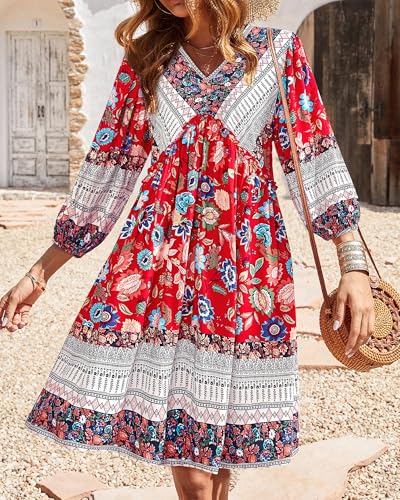 Image of BTFBM Women Casual Spring Summer Dresses V Neck 3 /4 Long Sleeve Ruffle Floral Flowy Boho Babydoll Mini Short Beach Dress