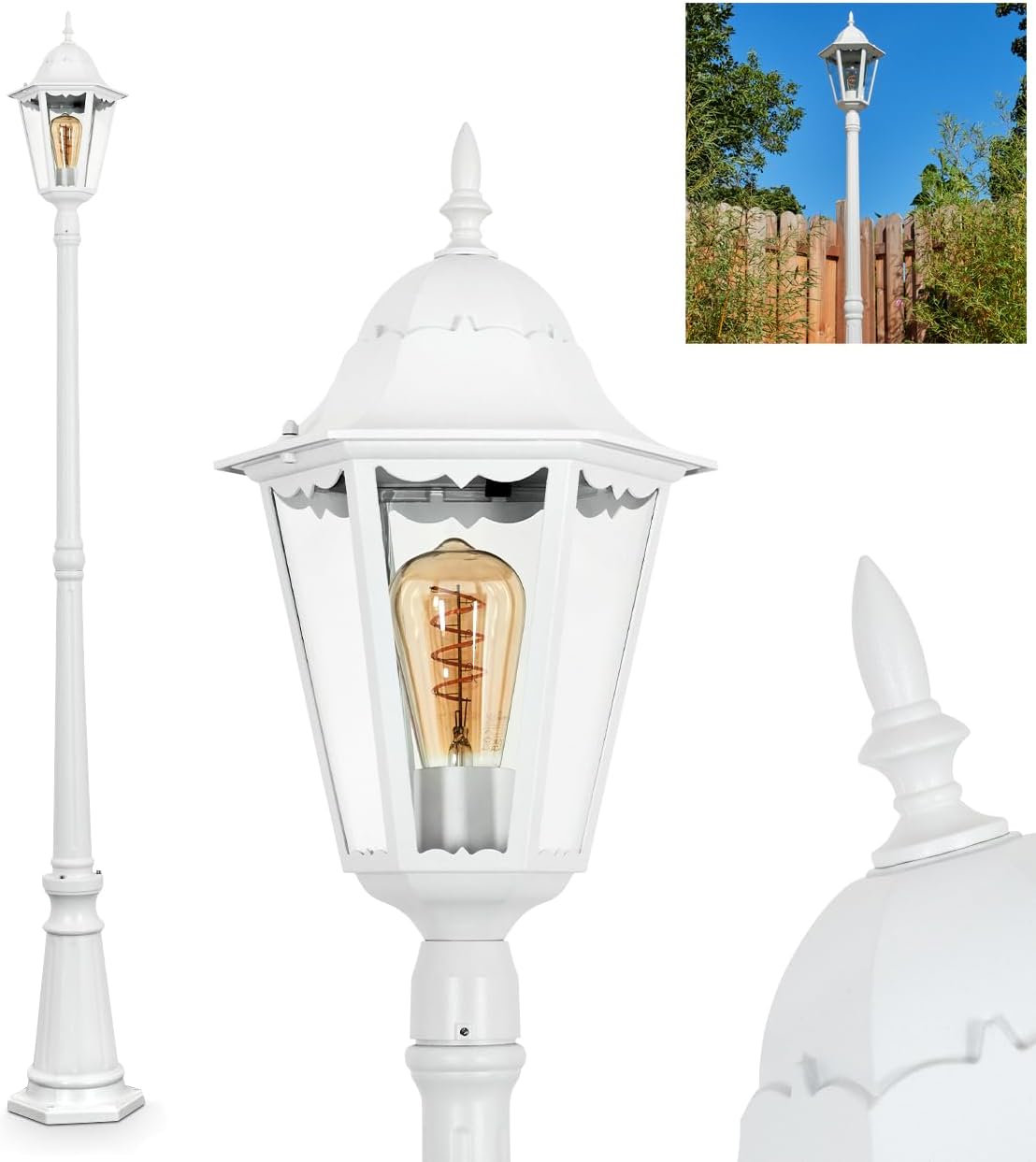 Hong Kong Outdoor Floor Lamp, Outdoor Path Light Made of Metal/Glass in White/Clear, Path Light in Country House, Antique, Retro, Vintage Design, Garden, Outdoor, Patio, Height 206 cm, E27