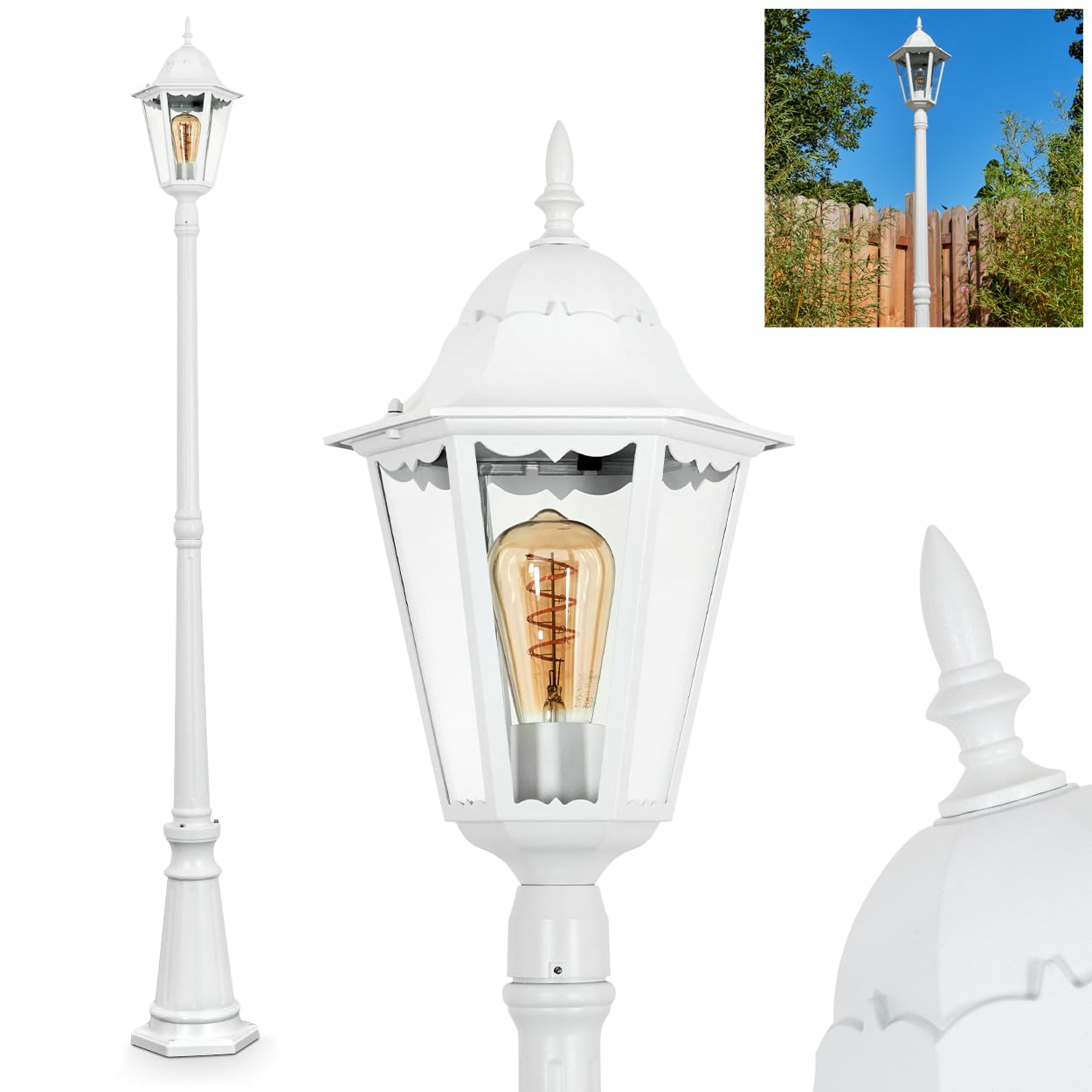 HOFSTEIN Außenstehleuchte Hongkong, Außenwegeleuchte aus Metall/Glas in Weiß/Klar, Wegeleuchte im Landhaus/Antik/Retro/Vintage-Design, Garten, Außenbereich, Terrasse, Höhe 206 cm, E27, IP44