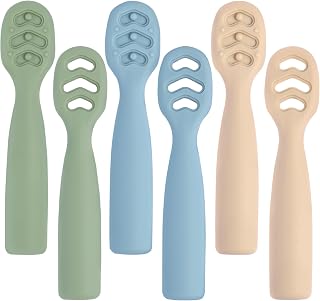 Eascrozn Baby Self-Feeding Spoons 6-Pack 6+ Months | BPA-Free Silicone BLW Utensils, Stage 1&2 Soft Tip, Dishwasher Safe Teethers