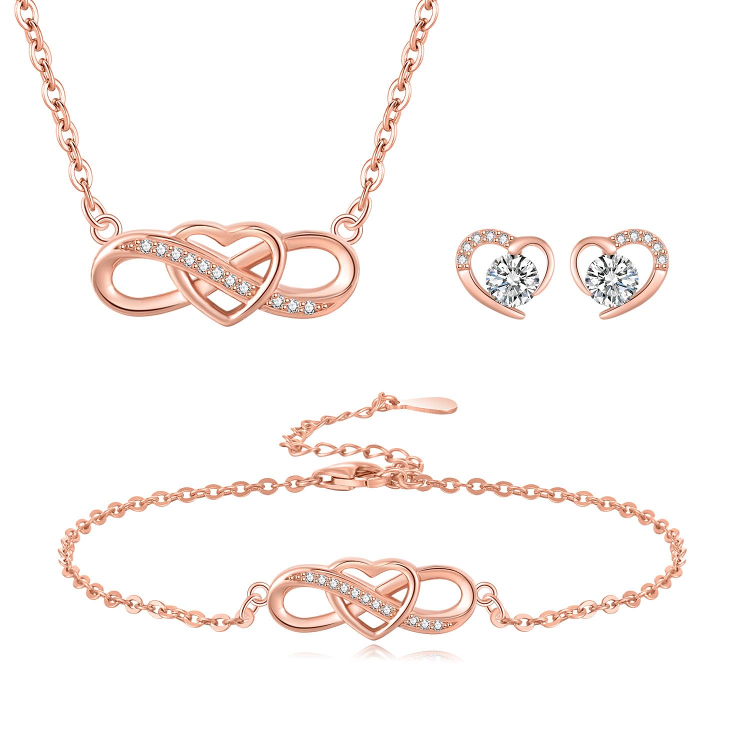 Set de collar y pulsera de corazón infinito con acabado en oro rosa 7