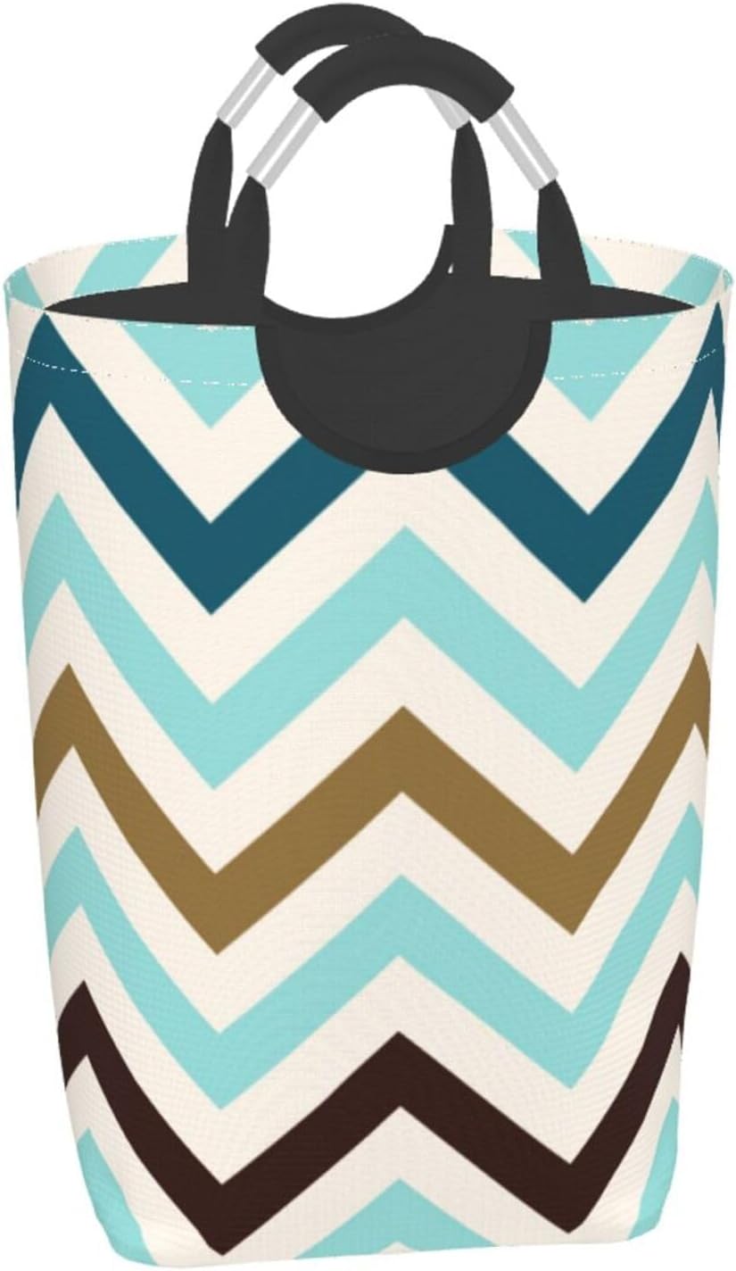 Large Laundry Basket, Zigzag Pattern Cream Teals Gold Brown Laundry Hamper Bag Collapsible Washing Bin With Handles for College Dorm, Family Essentials Storage
