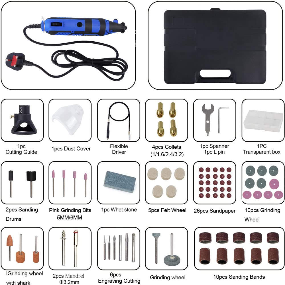 Mini Smerigliatrice Elettrica, Multiutensile con Albero Flessibile, 80 Accessori Utensile Rotativo Multifunzione, 6 Velocità Variabile 10000-32000 RPM per Creazione Fai Da Te