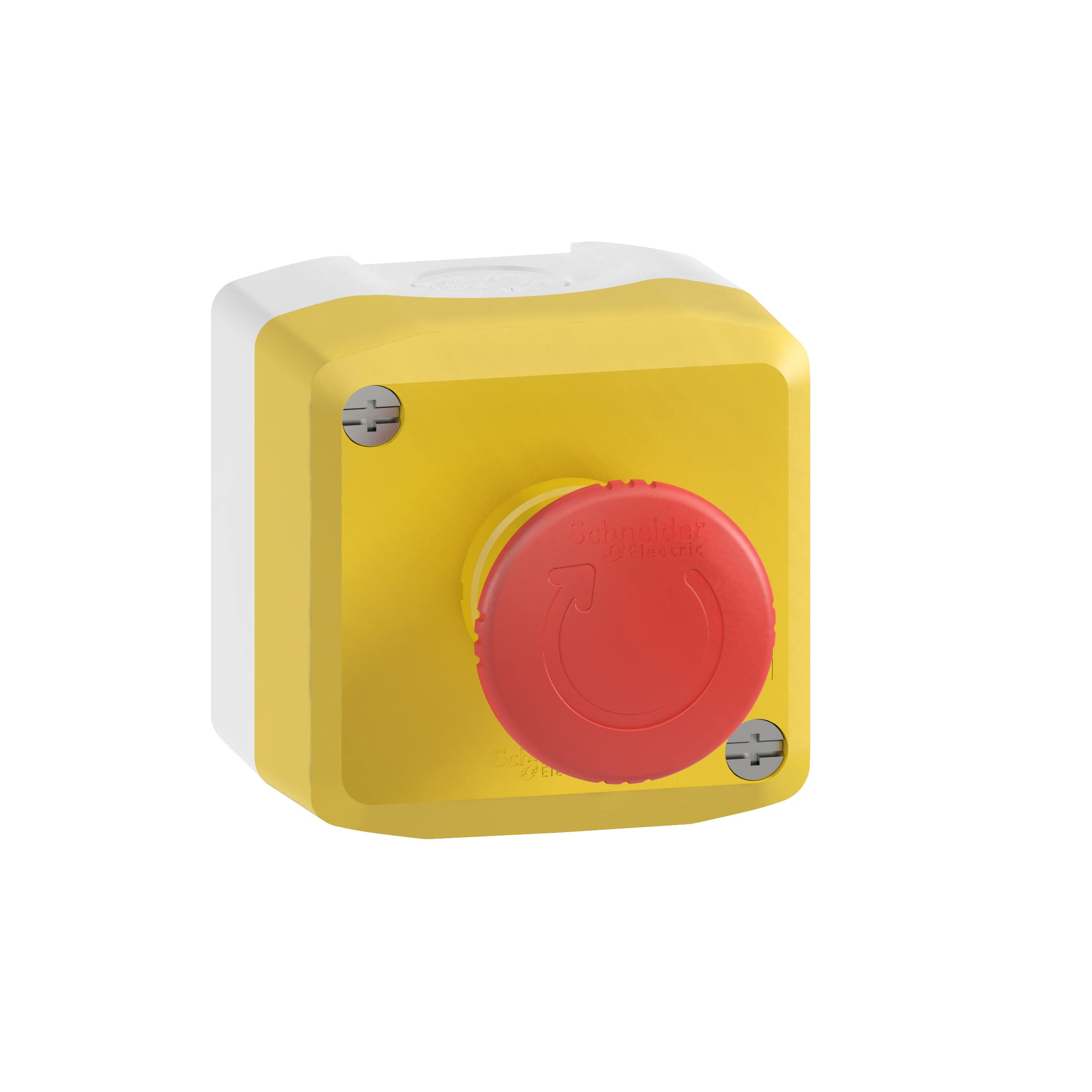 Schneider Electric - Harmony XALD Control Station, Plastic, Yellow Lid, 1 Red Mushroom Push Button 40, Turn to Release, 1 NC, XALK178