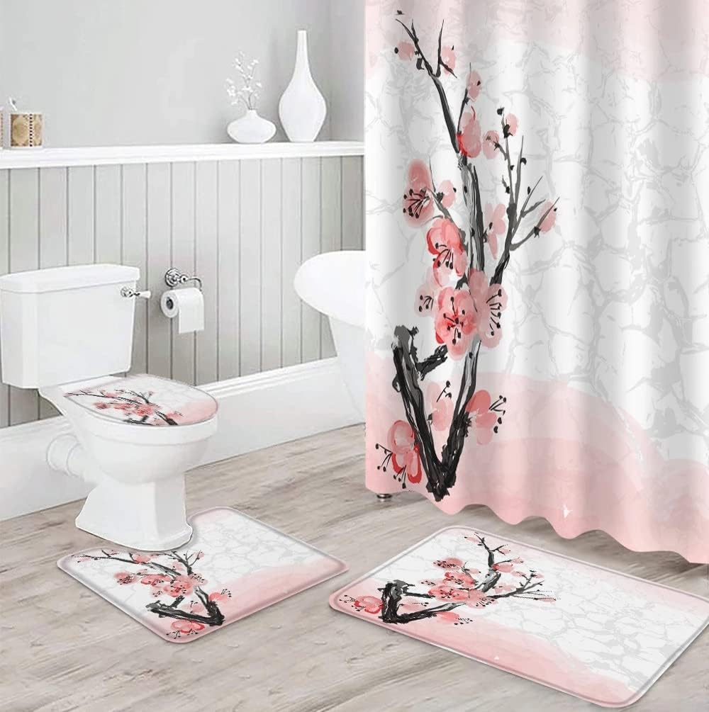 Shower Curtain Rug Set Non-slip Bath Mat Toliet Cover Bathroom Shower Curtains