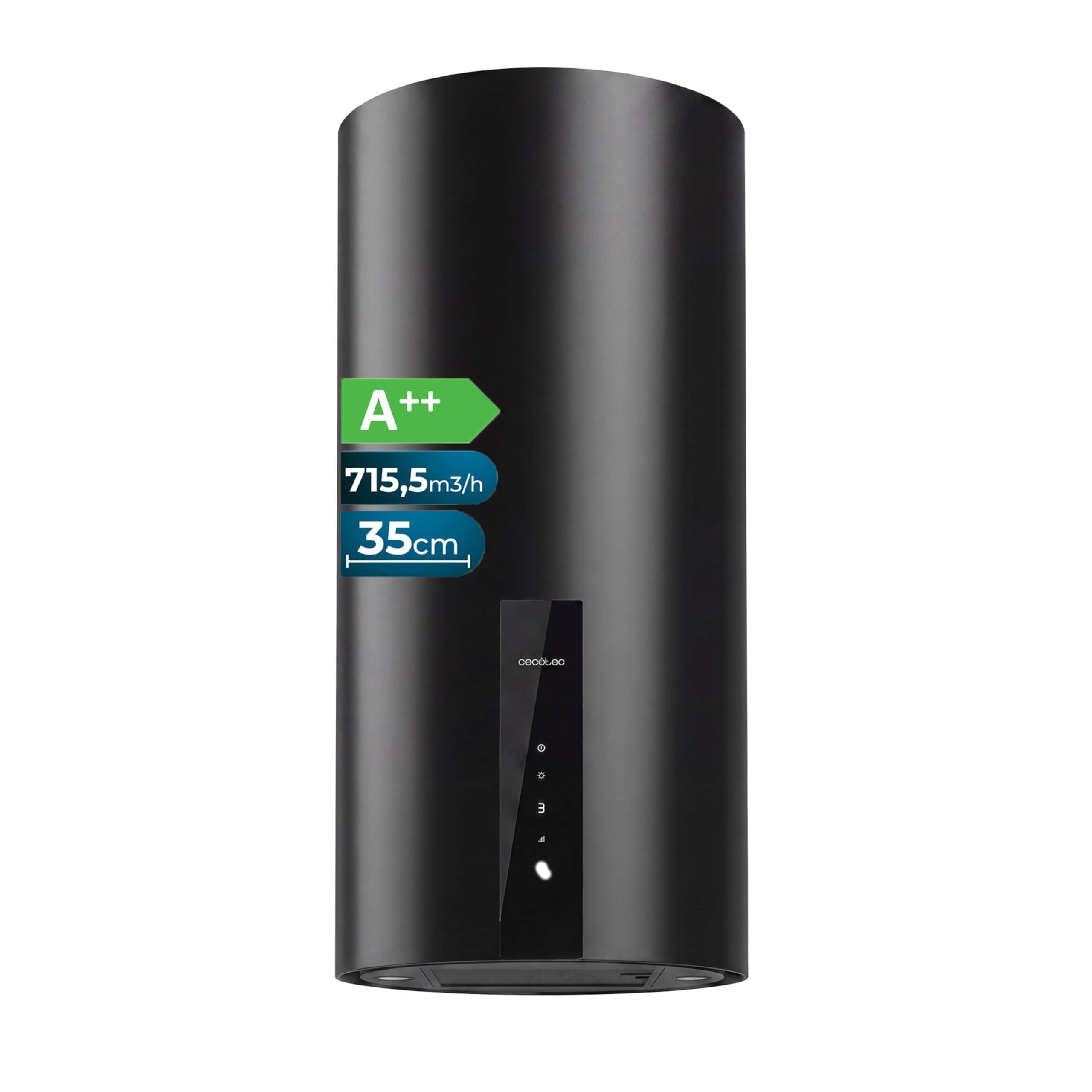 Cecotec Campana Extractora Redonda de Pared 35 cm Bolero Flux DRT 358000 Black A++. Acabado en Negro, Succión 715 m³/h, 2 Velocidades + Función Booster, Filtros de Carbono, Clase A++, Control Táctil