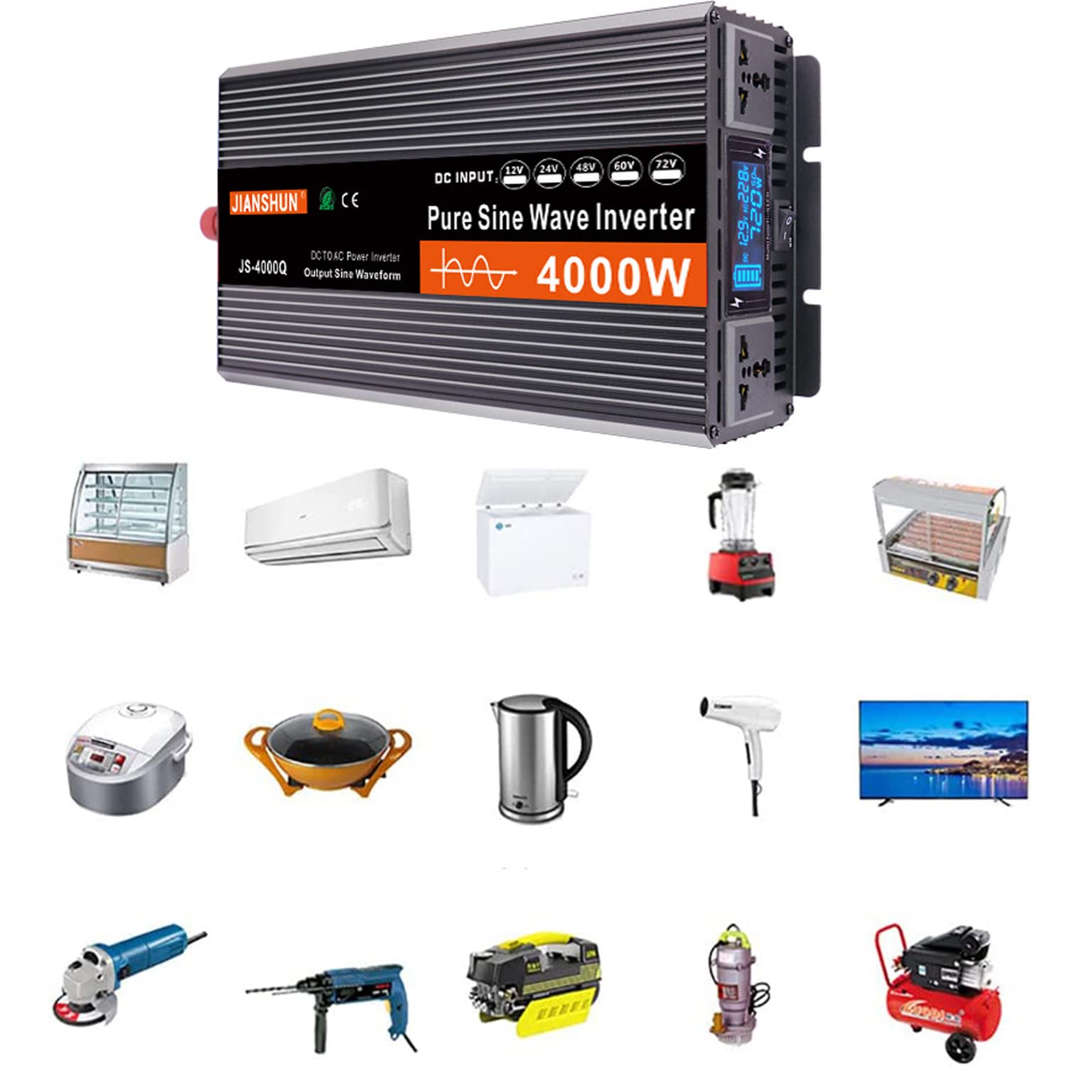 Przetwornica mocy o mocy 4000 W z czystą falą sinusoidalną 12V/24V/48V/60V DC na 230V AC Przetwornica samochodowa z gniazdami prądu przemiennego i wyświetlaczem LCD, generator awaryjny,48V
