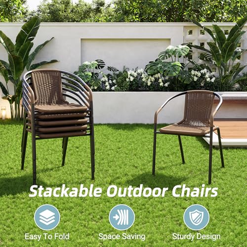 Image of Amopatio Outdoor Dining Chairs Set of 6, Stackable Outdoor Patio Chairs, Rattan Patio Chairs Set of 6, for Porch, Deck, Yard, Garden, Poolside, Bistro, Restaurant, 6 Pack, Brown