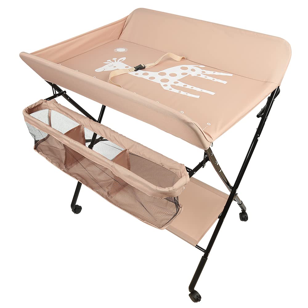 Verschoontafel baby Opvouwbaar en Draagbaar, in Hoogte Verstelbaar, Luiertafel Baby commode met 4 Wielen, Verzorgingstafel Giraffe Patroon- 74 x 63 x 92-98 cm (grijs