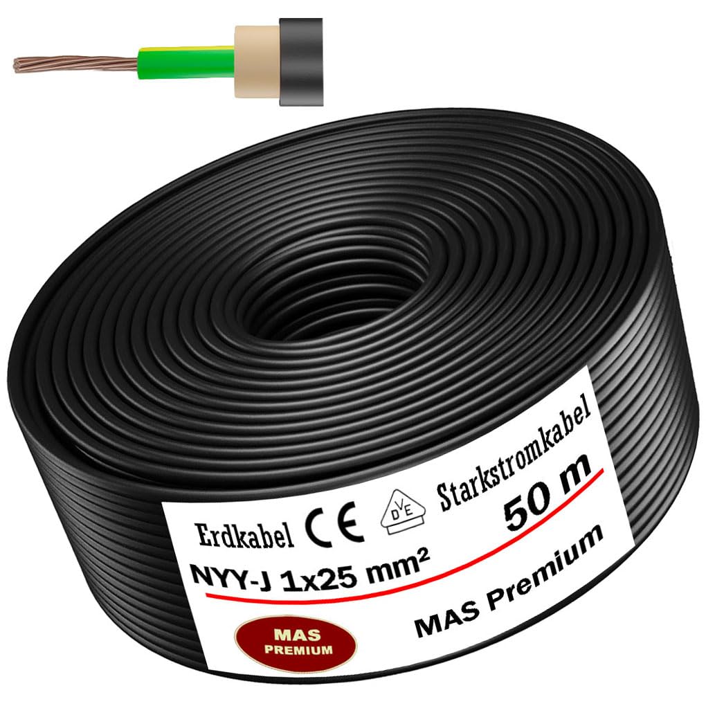 MAS Premium 5-100m Erdkabel Starkstromkabel NYY-J 1x4, 6, 10, 16 oder 25 Elektrokabel OFC Ring zur Verlegung im Freien, Erdreich (NYY-J 1x25 mm², 50m)