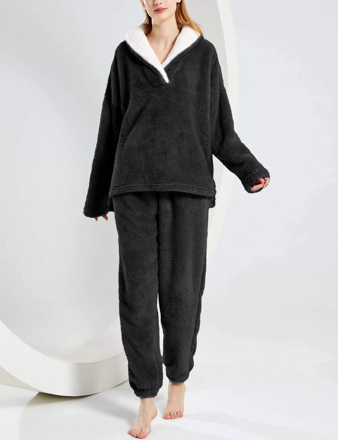 Sukany Ensemble de pyjama moelleux 2 pièces en polaire douce et confortable pour femme - Pull et pantalon chaud en peluche - Vêtement de détente d'hiver pelucheux