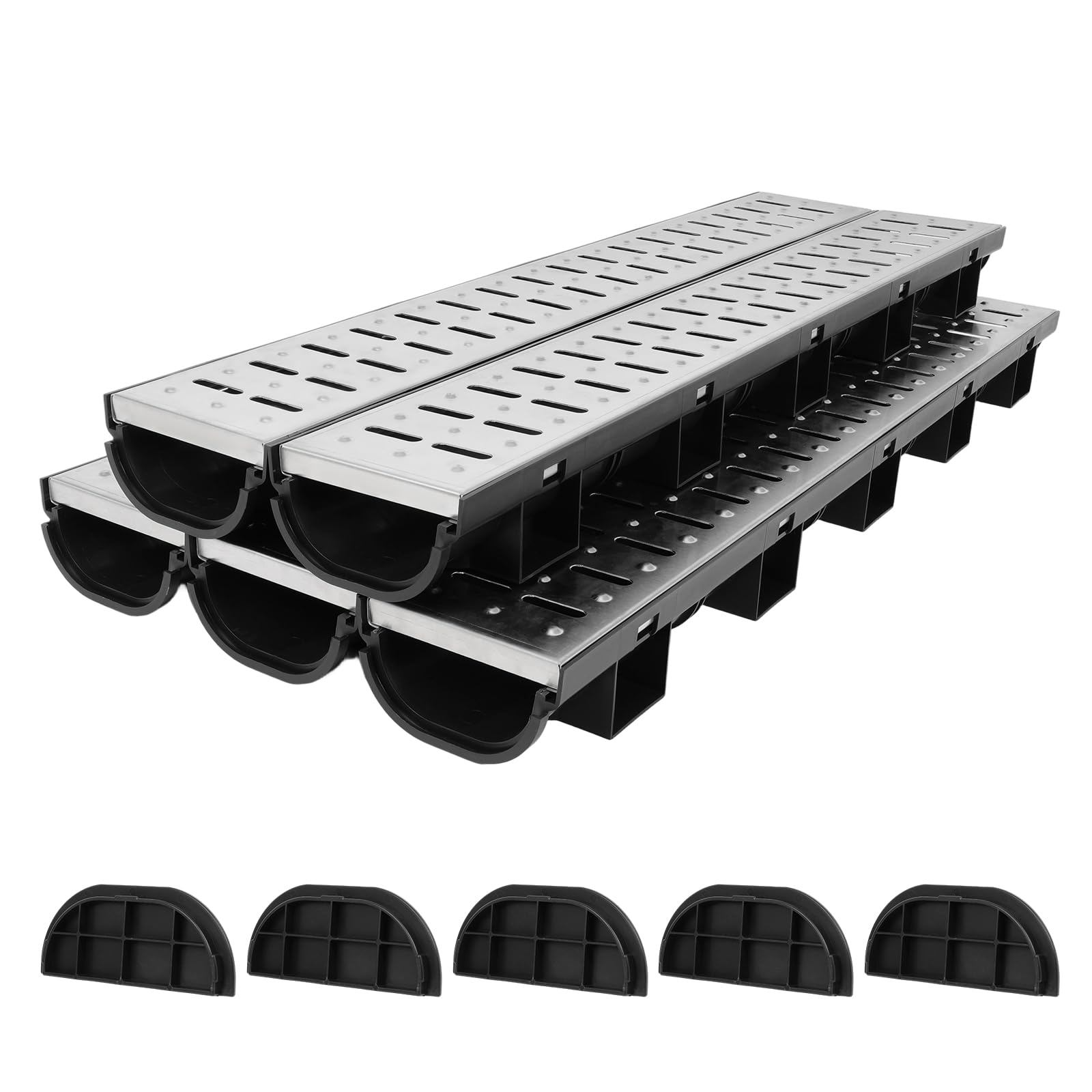 FAHKNS 5 Pack Trench Drain System, HDPE Channel Drainage with 304 Stainless Steel Metal Grate, Durable Garage Flooring Drain for Driveway, Garden,