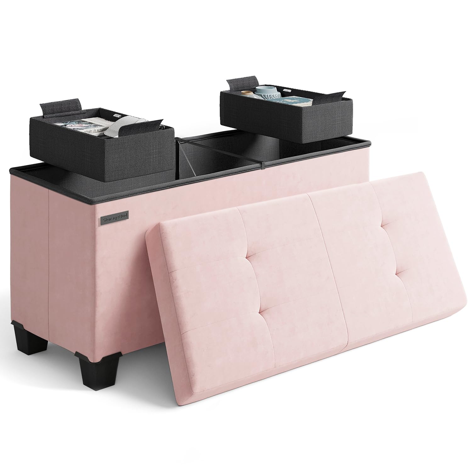 Storage Ottoman Bench with Bins, 30-in Storage Bench for Bedroom End of Bed, Folding Foot Rest Ottoman for Living Room Max 660lbs, Velvet Ottomans,