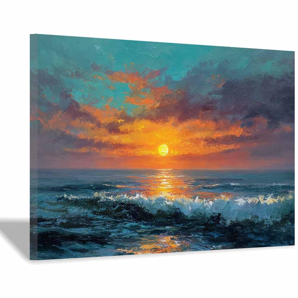 PUQAAEO Canvas Prints Wall Art Ocean Sunset Oil Painting Landscape Pictures Modern Canvas Painting Giclee Artwork For Home Decoration(Multicolor)-60x90cm Framed