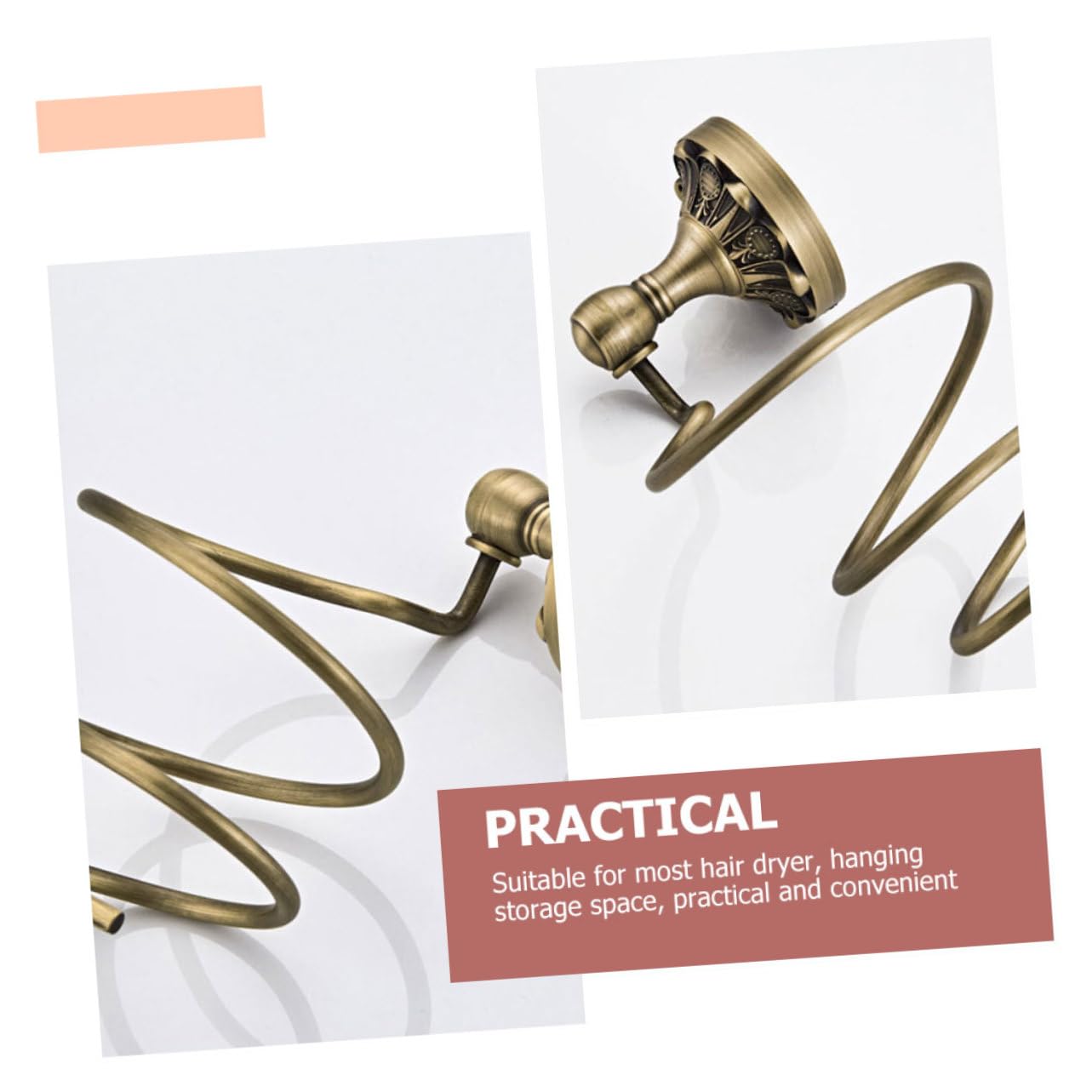 Supporto a Spirale per Asciugacapelli in Rame Oro da Parete | Foratura di Fissaggio 6mm, Adatto al Bagno, Finitura Semplice Contemporanea