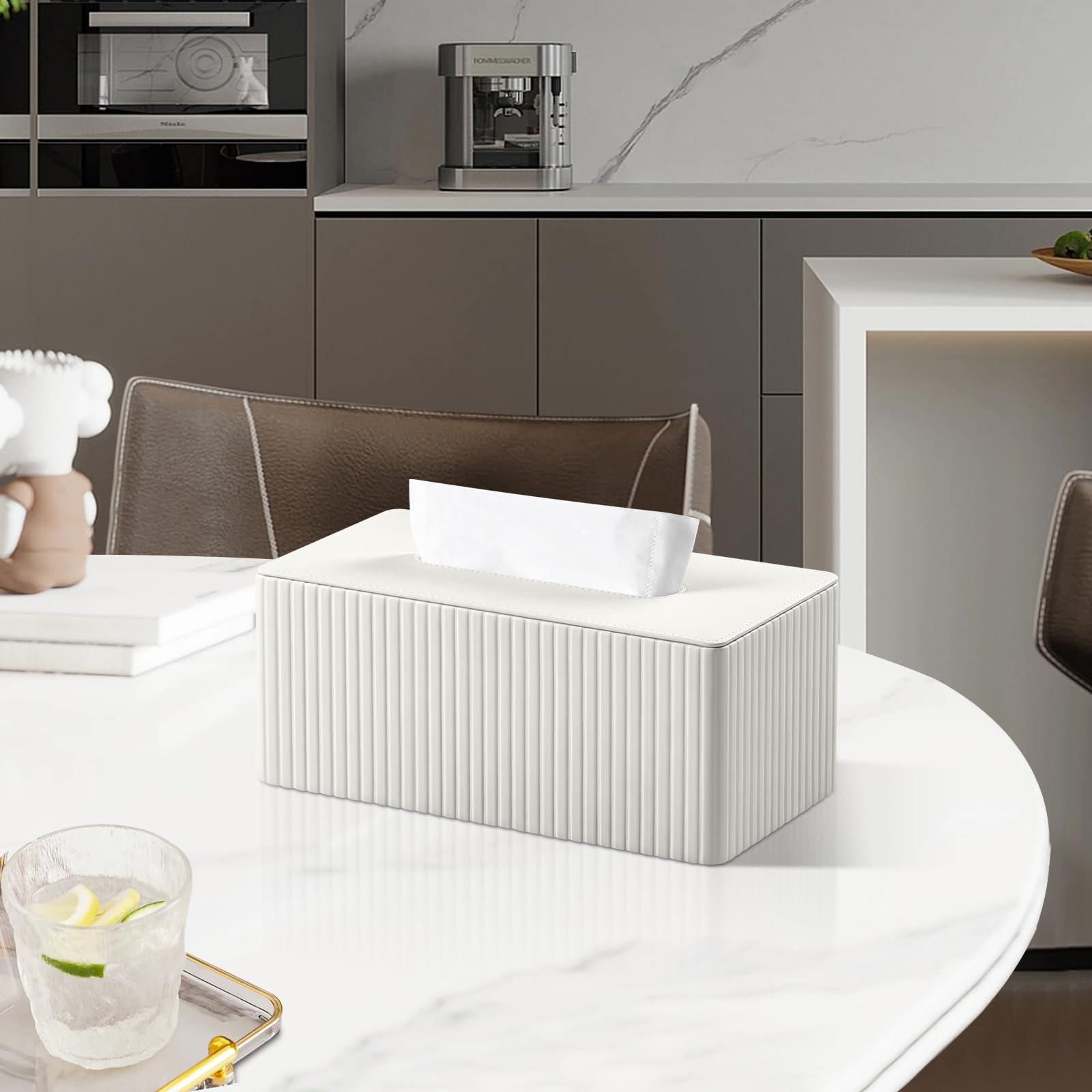 Taschentuchbox Abdeckung Stilvolle PU Leder Rechteckige Taschentuchbox Halter mit Magnetboden Abdeckung für Badezimmer Schlafzimmer oder Büro (Weiß Streifen)