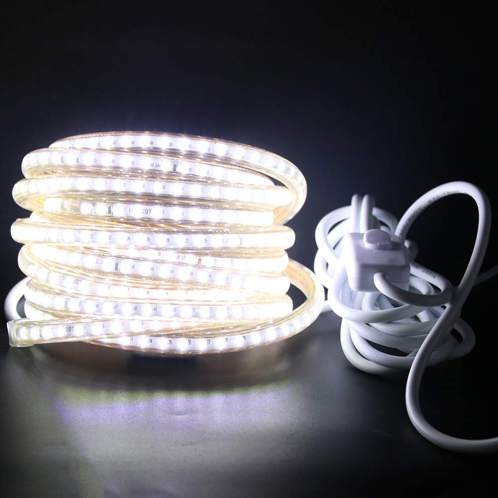 XUNATA Bianco Strisce LED con Interruttore e Alimentatore 220V, 3014 120LED/m, IP65 Impermeabile, Flessibile Striscia a LED per Scaletta Tetto Cavi da Cucina Decorazione- 25m