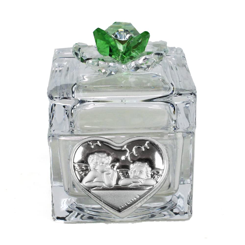 DLM 34448-verde (Kit 12 Pezzi) Scatola Scatolina Porta Confetti in Vetro con Fiore colorato in Cristallo e Cuore Angeli Angioletti Puttini Confettata Nozze Matrimonio Comunione_Verde bomboniera