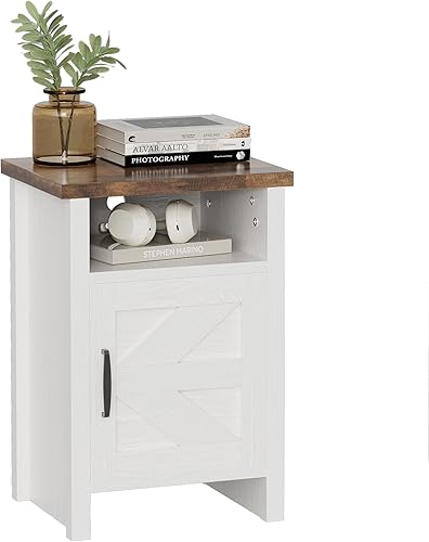 YESHOMY Mesita de noche moderna de granja con estante y puerta de granero, juego de 1 para dormitorio, color blanco