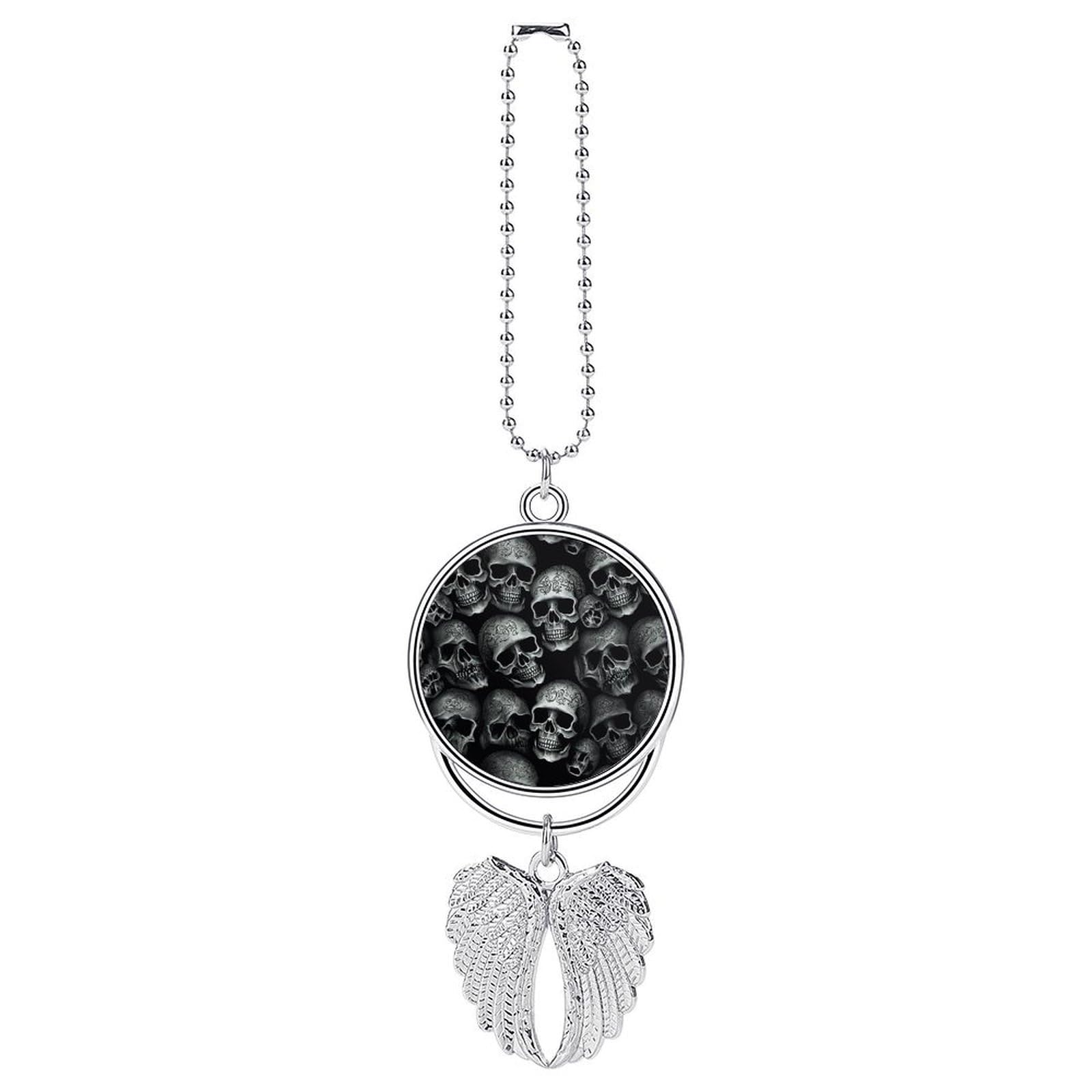 Black Skull Car Pendant Car Rearview Mirror Pendant Custom Photo Car Hanging Ornament Car Rear View Mirror Hanging Accessories Angel Wing Car Charm Gift for Men Women