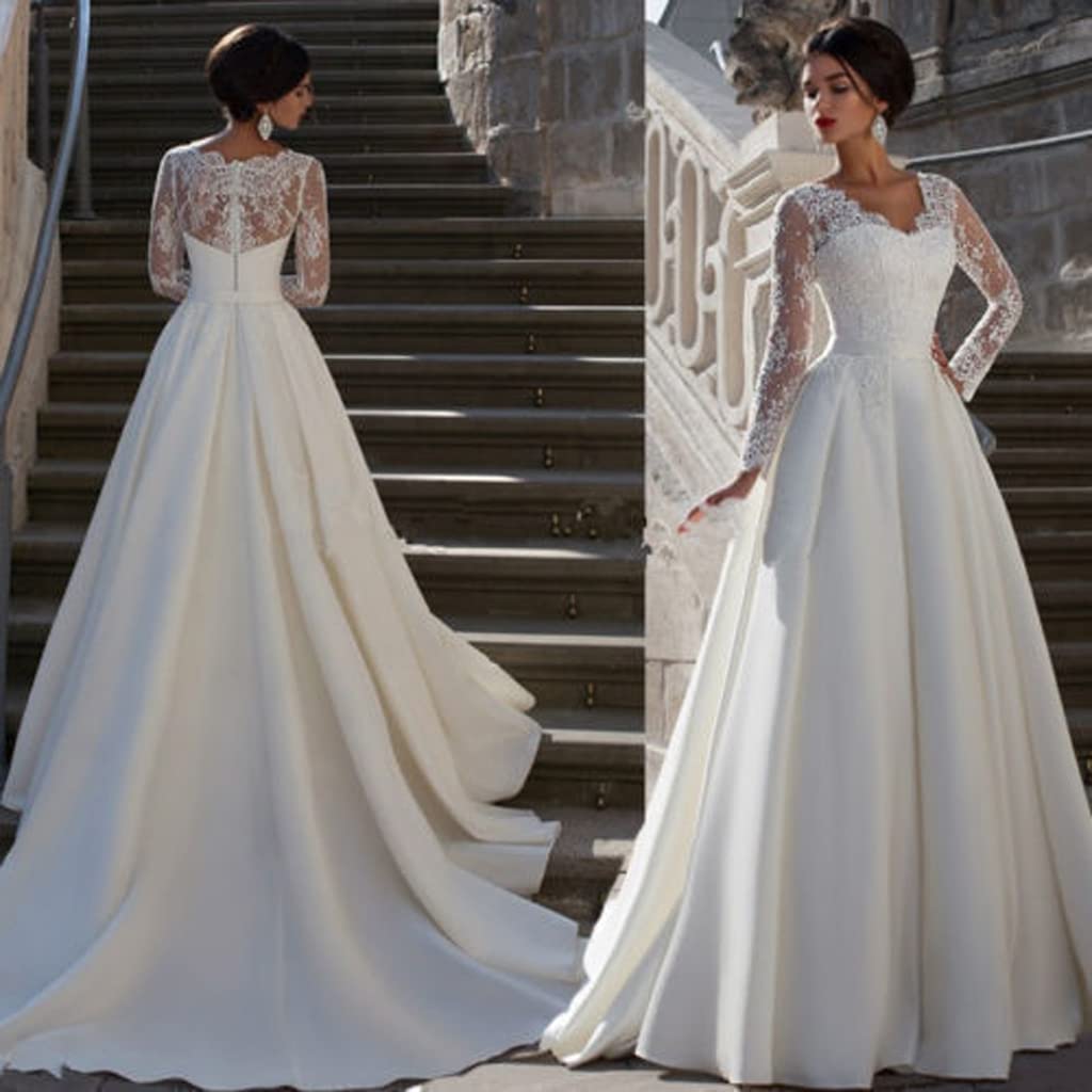 Vestido de Novia de Encaje de Manga Larga de Cola Larga Vestido de Novia Romántico Blanco Francés Vestido de Noche Mujer Grande, Blanco, US12