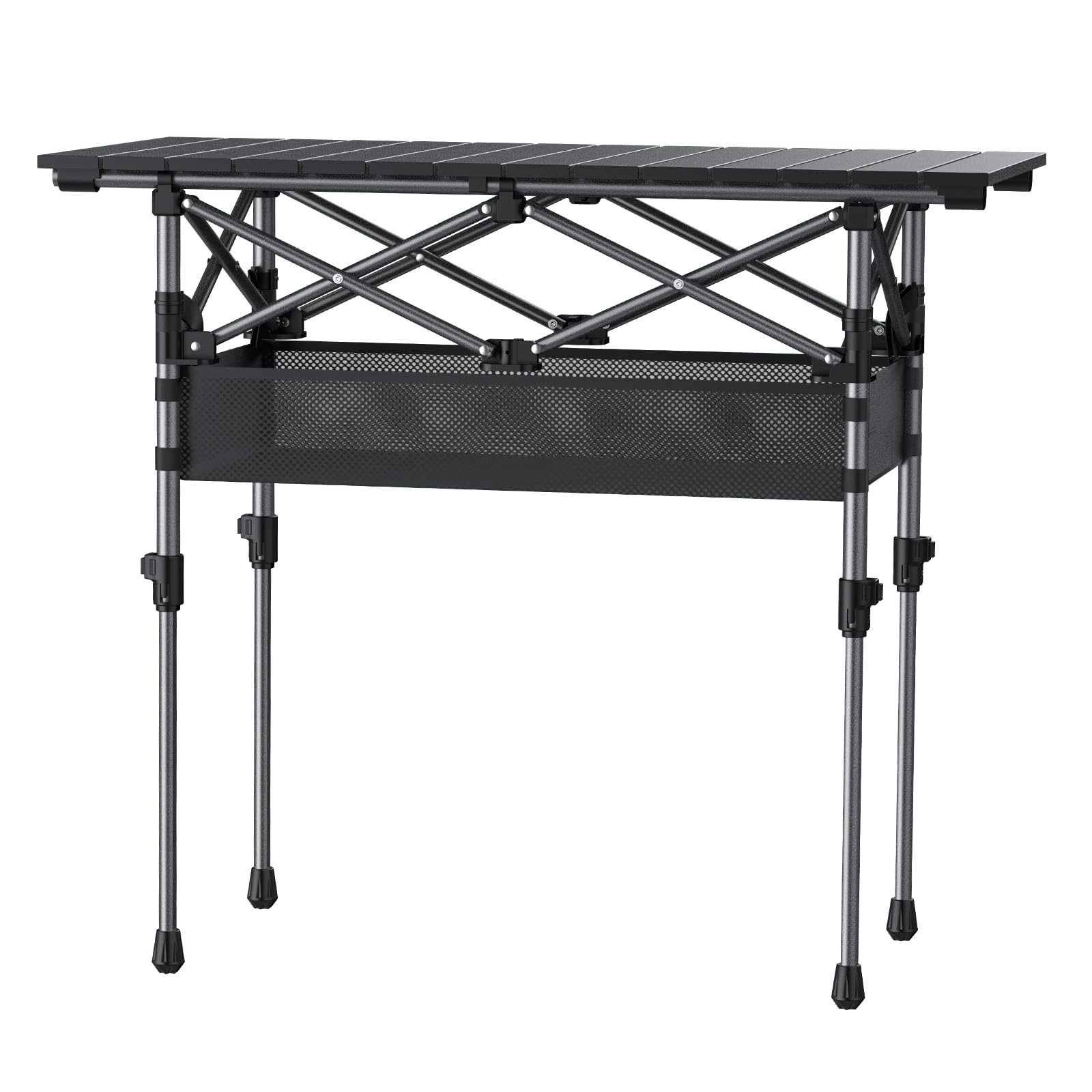JiGiU Tavolo Pieghevole da Esterno 70 cm Nero Regolabile in Altezza-Design a Pacchetto Compatto con Rete Portaoggetti, per Campeggio, Giardino, Spiaggia e Picnic