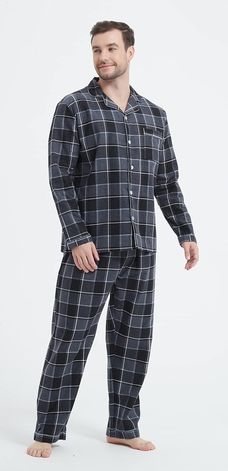 CHUNG Men Flannel Pajamas Set 100% Cotton Brushed Pjs Classic Plaid Long Sleeve Tops Pants Warm Sleepwear loungewear - Image 3