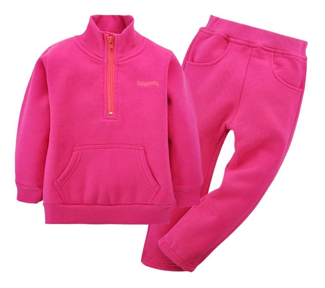 Boys Fleece Sweat Suits Girls Long Sleeve 2 Pcs Clothes Pants Set Outwear Outfit (Rose,24M)