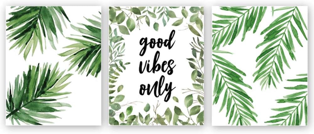 CHDITB Unframed Good Vibes Only Quote Inspirational Art Print, Natural Plant Green Leaf Canvas Art Painting, Set Of 3(8"x10") Modern Leaves Living Room Yoga Studio Motivational Home Wall Decor