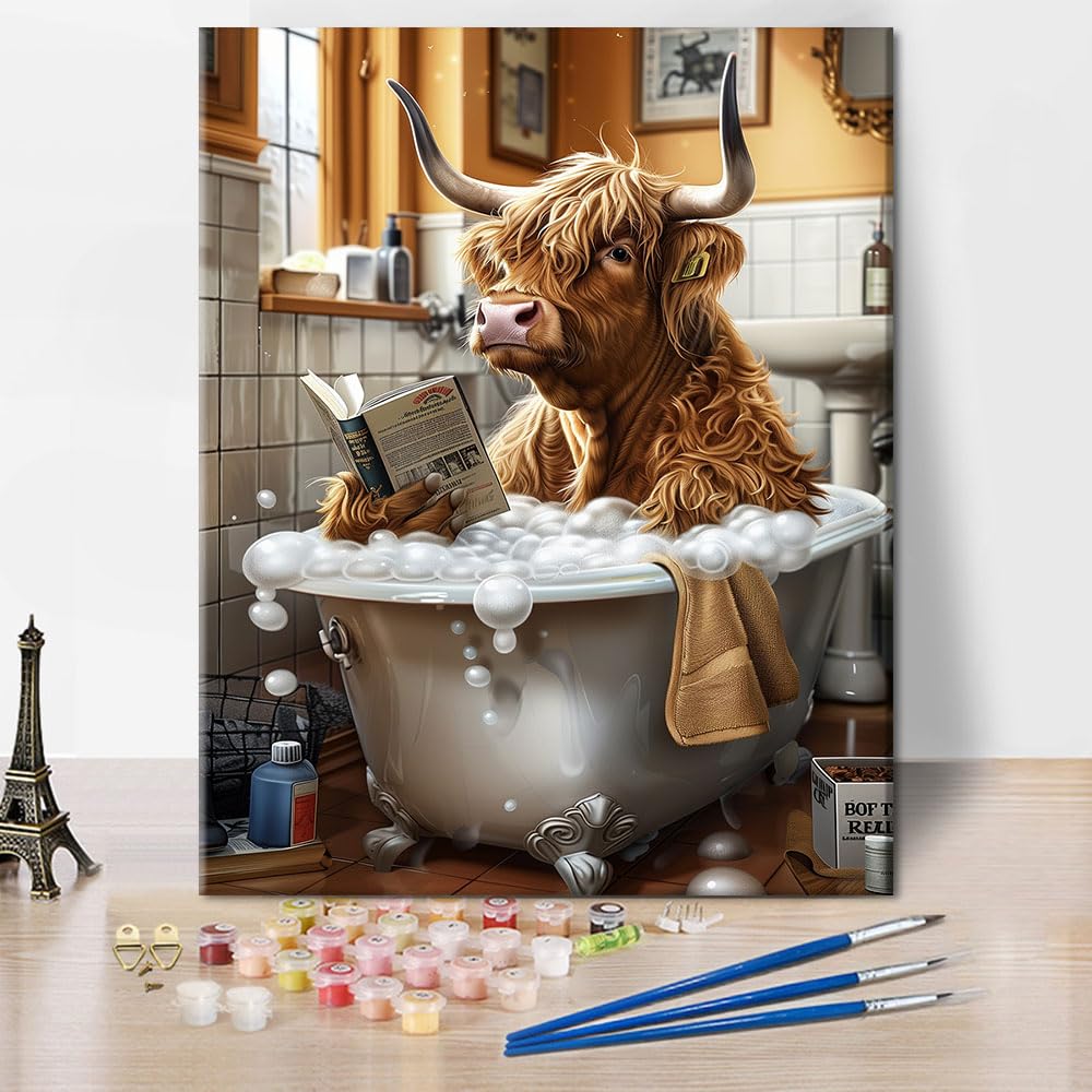 TISHIRON Paint by Numbers for Adults, Highland Cow Adult Paint by Number, DIY Painting Kits, Highland Cow in Tub Painting by Numbers Highland Cattle Craft for Home Canvas Wall Decor, 40X50 cm