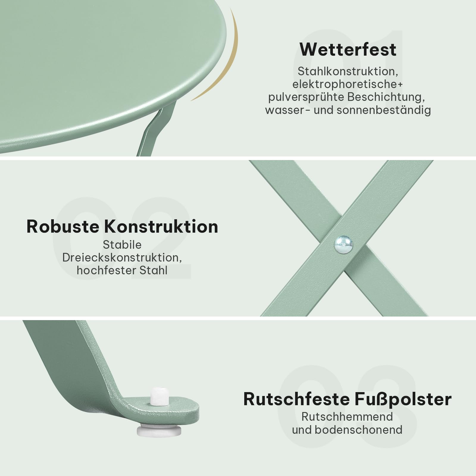 eSituro Balkonmöbel 3-teilig, Bistrotisch mit 2 Stühlen, Gartenmöbel Terrassenmöbel Set klappbar, Sitzgruppe Outdoor Garten Balkon, Metall, Grün
