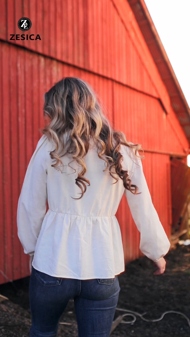 ZESICA Womens Tops Tie Front Long Puff Sleeve Button Peplum