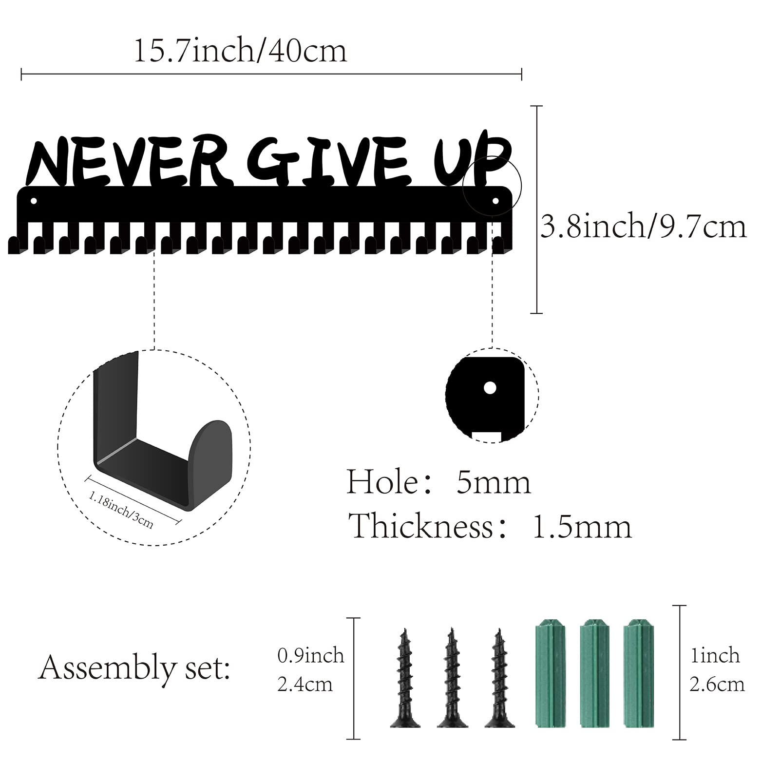 CREATCABIN Never Give Up Porte-Médailles Mural - Support Acier Inoxydable Pour Plus De 60 Médailles 40x14.7cm