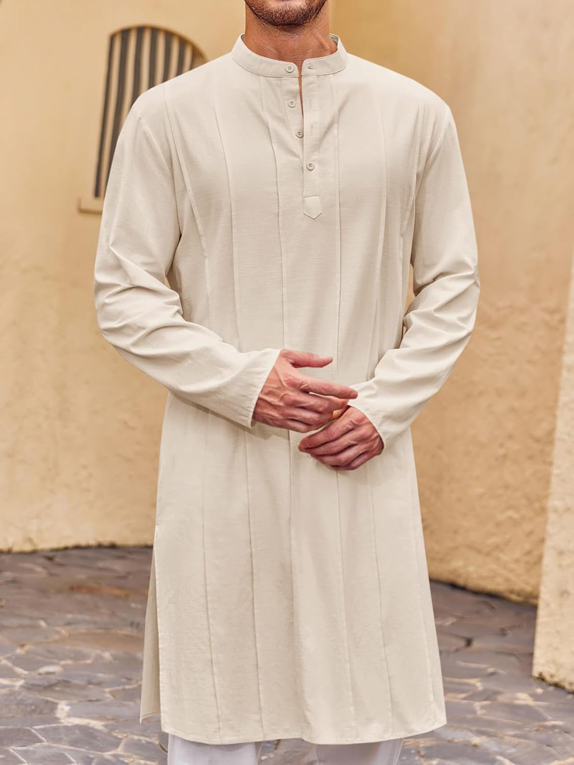 Runcati Mens Kaftan Thobe Button Down Henley Shirts Robe Long Sleeve Casual Cotton Pleated Muslim Gown Shirt - Image 2